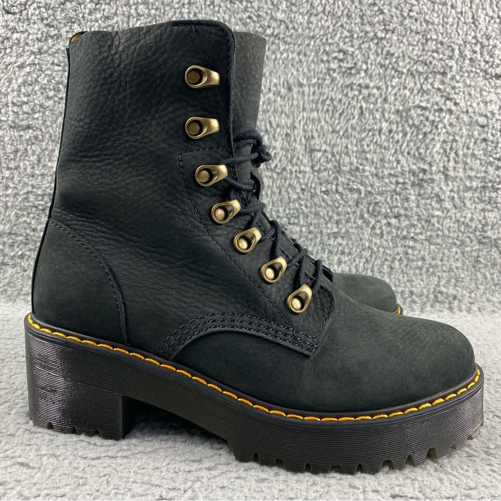 NEW Dr. Martens Leona Combat Boot Leather Black Milled Nubuck Womens 8 Lace Up - Picture 2 of 14